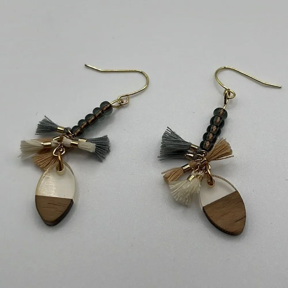 Gold Tone Beaded Tassels and Earth Tone Charm Drop Boho 2” Earrings